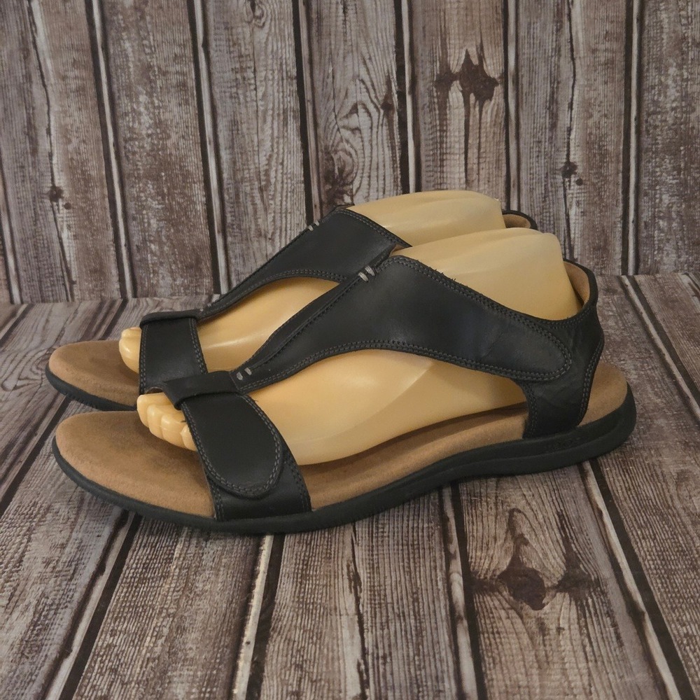 Sz 11 Womens Taos The Show Black Leather Comfort T-Strap Sandals VGUC!